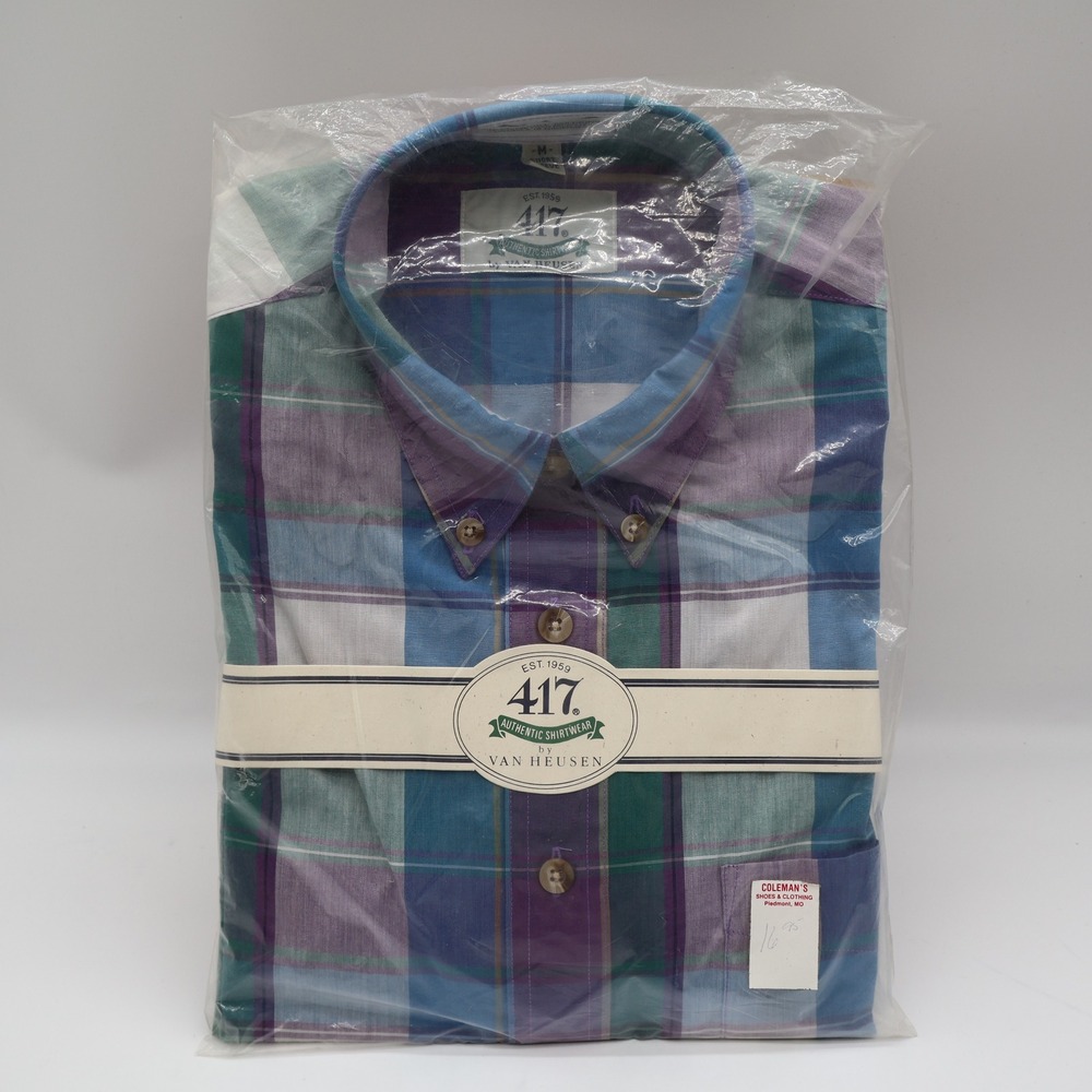 Van Heusen 417 Shirt Mens Medium Vintage 90s Plaid Short Sleeve Deadstock Blue